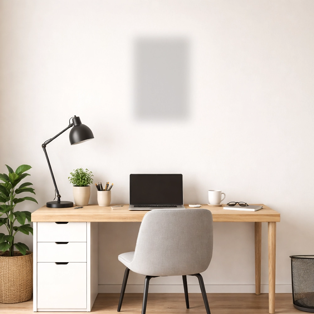 An example showing how a 12" x 18" framed poster print could look in a home office setting.