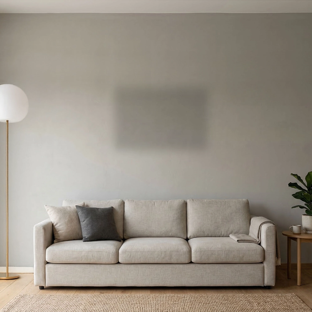 An example showing how a 30" x 20" dibond mounted print could look in a living room setting.
