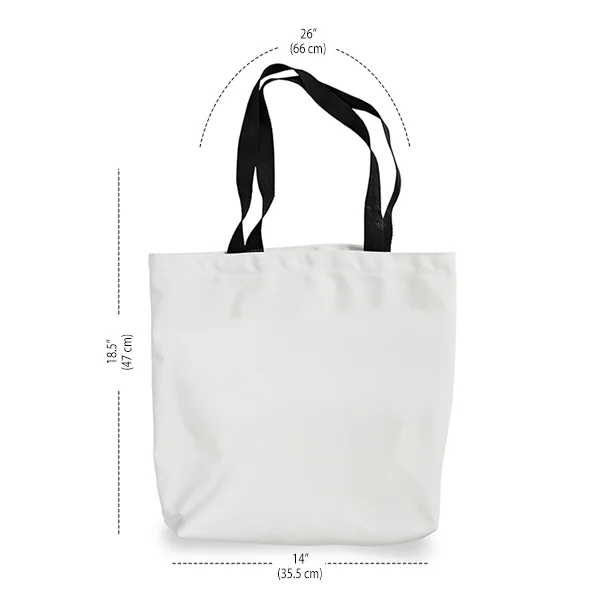 14x18.5&rdquo; (35.5 x 47cm). Robust 26&rdquo; (66cm) black handles. 360gsm canvas. Full edge-to-edge and double-sided print.