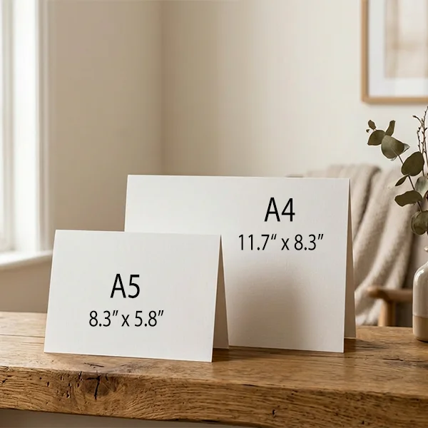 A5 Card: 8.3in x 5.8in. Luxuriously thick 330gsm Fedrigoni Symbol gloss paper and finished with a gloss UV varnish.
A4 Card: 11.7in x 8.3in. Gicle-printed on 280gsm art card with gloss lamination.