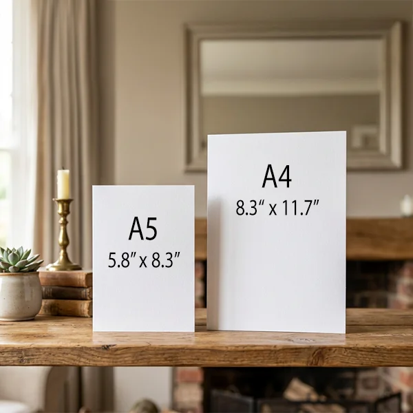 A5 Card: 5.8in x 8.3in. Luxuriously thick 330gsm Fedrigoni Symbol gloss paper and finished with a gloss UV varnish.
A4 Card: 8.3in x 11.7in. Gicle-printed on 280gsm art card with gloss lamination.