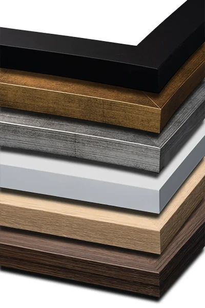 Hand-made solid wood frame featuring a clean square-edge profile. Available in six carefully selected colours - black, antique gold, antique silver, white, natural and brown.