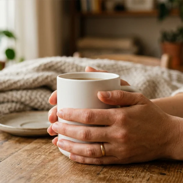 A plain white 11oz mug held in a cosy home setting, showing the generous printable surface and how the mug looks in everyday use.