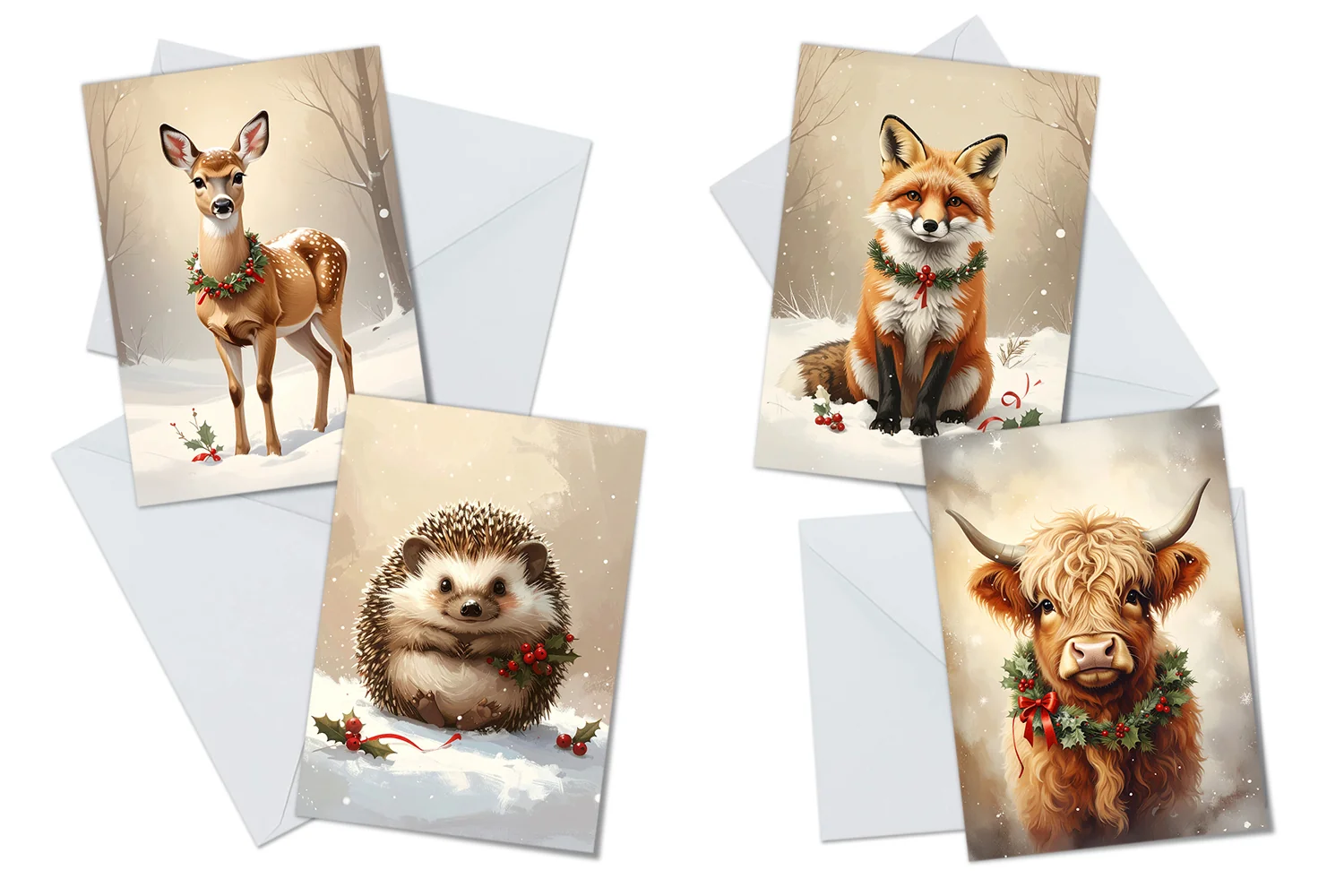 Christmas Doe, Fox, Hedgehog and Highland Cow Greeting Card Packs