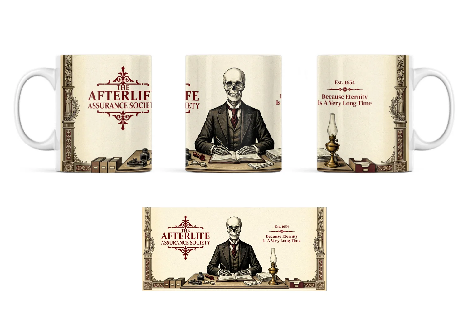 Printed Ceramic Mugs: The Afterlife Assurance Society Victorian gothic humour mug with skeleton insurance clerk 