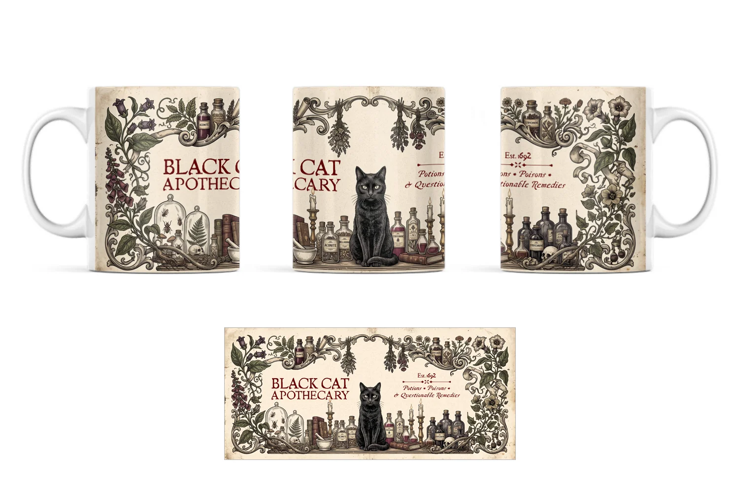 Printed Ceramic Mugs: Black Cat Apothecary Victorian gothic mug with black cats, botanicals and apothecary bottles 