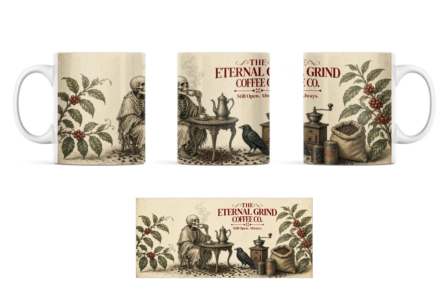 Printed Ceramic Mugs: The Eternal Grind Coffee Co Victorian gothic mug with skeleton, coffee pot and botanical illustration 