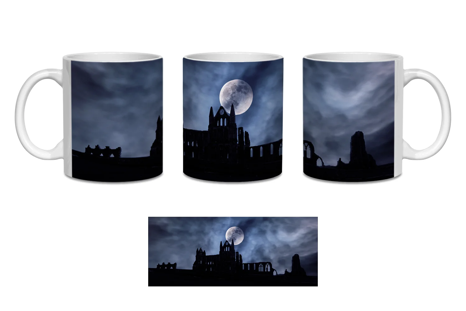 Printed Ceramic Mugs: Whitby Abbey silhouetted against a full moon and night sky taken at Whitby, North Yorkshire, England 