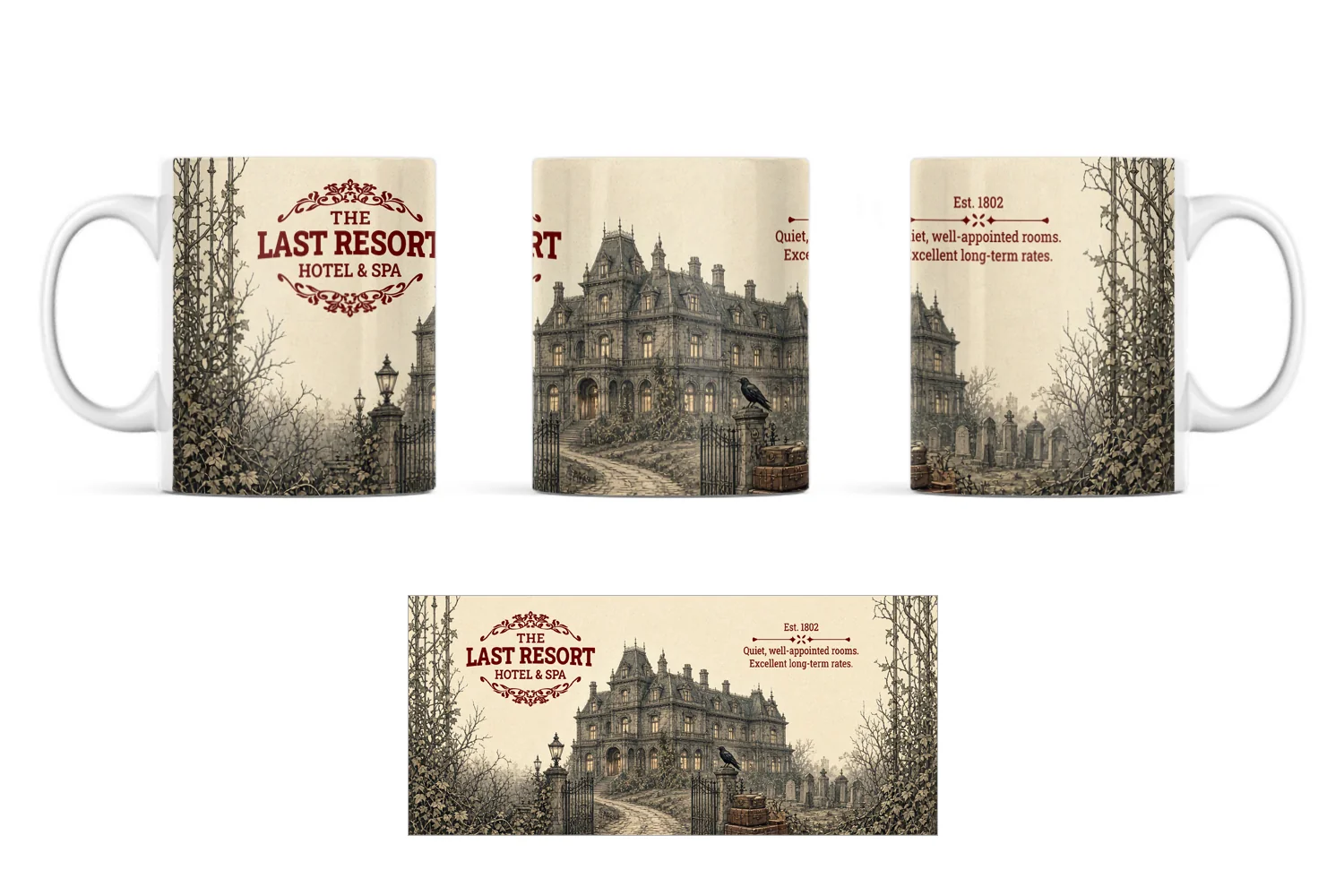 Printed Ceramic Mugs: The Last Resort Hotel Victorian gothic humour mug with eerie old hotel and misty woodland 