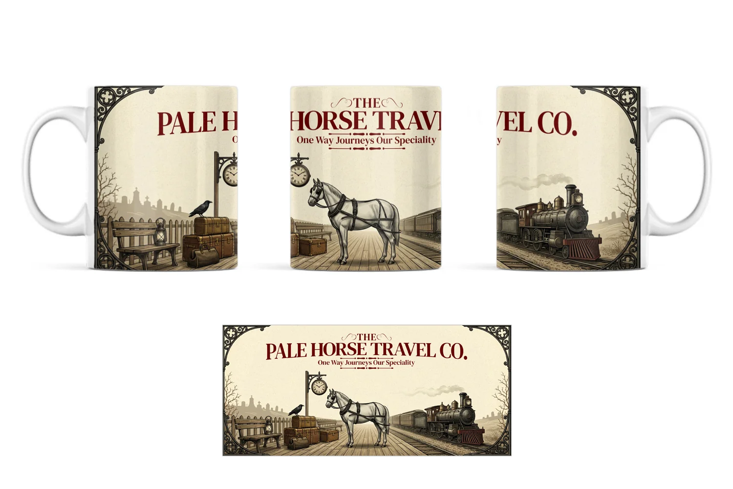 Printed Ceramic Mugs: Pale Horse Travel Co Victorian gothic humour mug with pale horse, carriage and steam train 