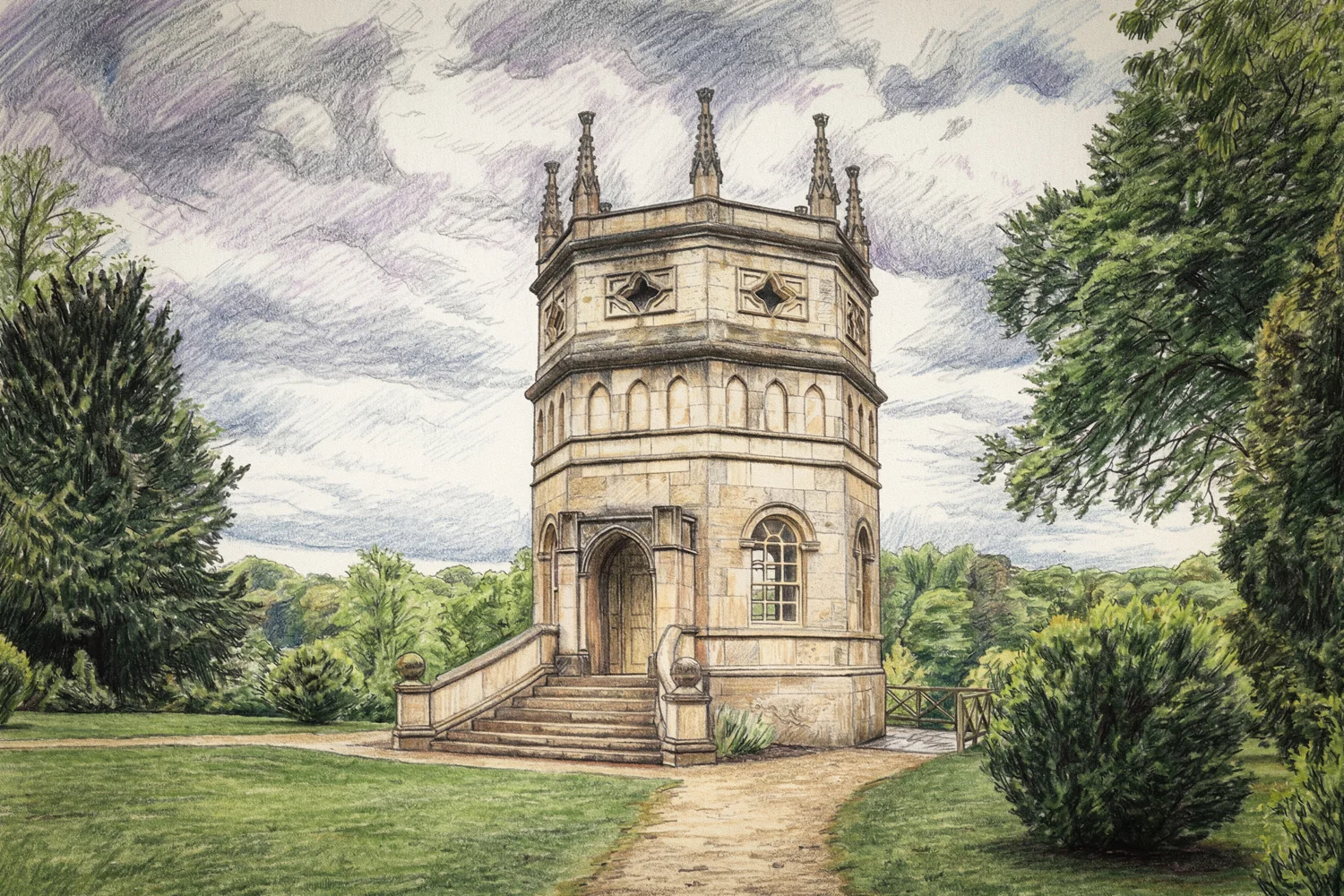 Art Prints: Illustrated artwork showing an eight-sided historic garden building with steps, trees, and a landscaped setting under a textured sky 