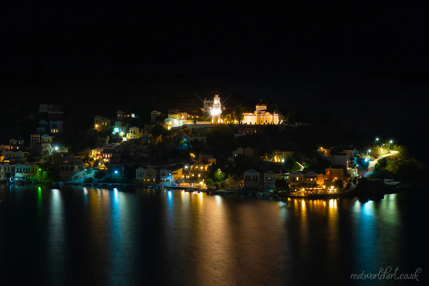 Symi Harbour Night Art Prints