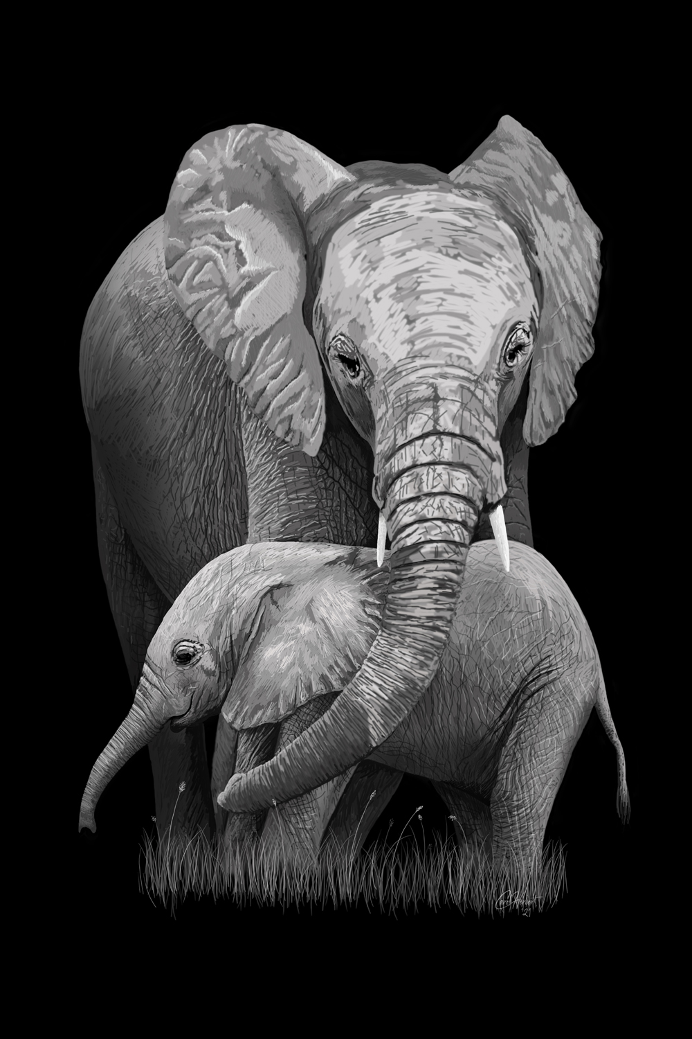 Drawing of a Mother Elephant with her baby
